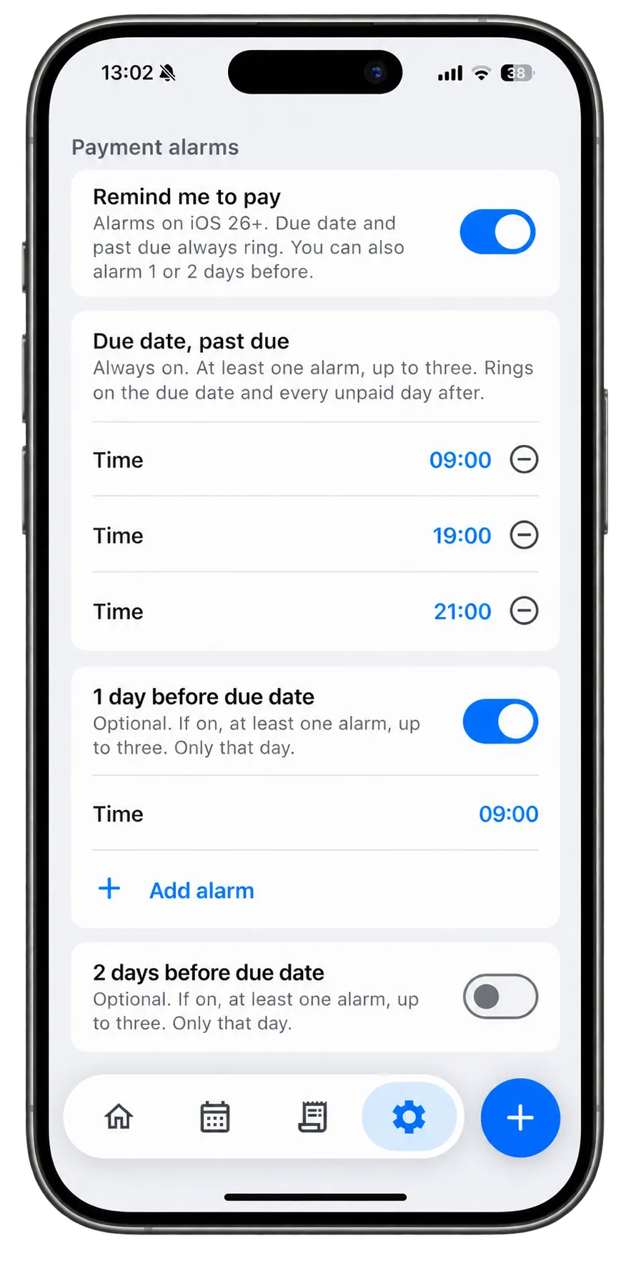Reminder settings with due-date alarms and optional days-before alerts